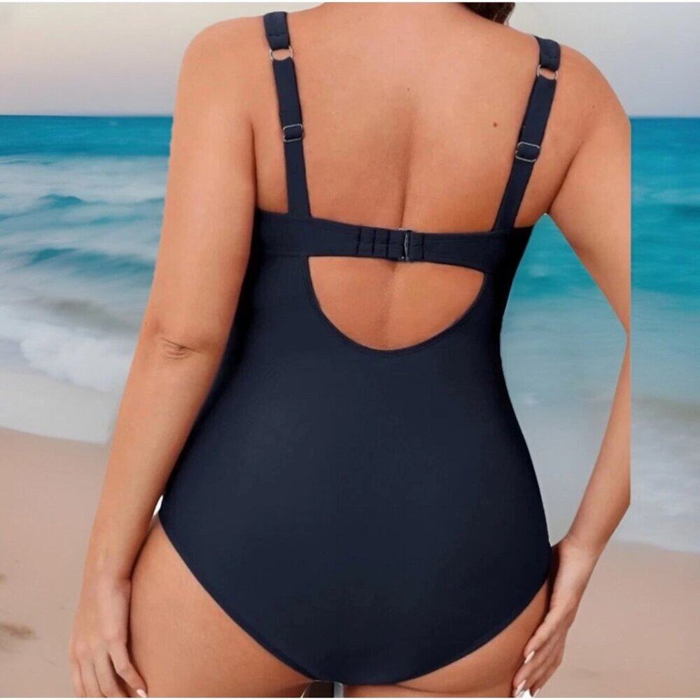 Women CupsheNavy Blue V Neck Tummy Control One Piece Swimsuit 1X Plus NWT - Picture 3 of 9